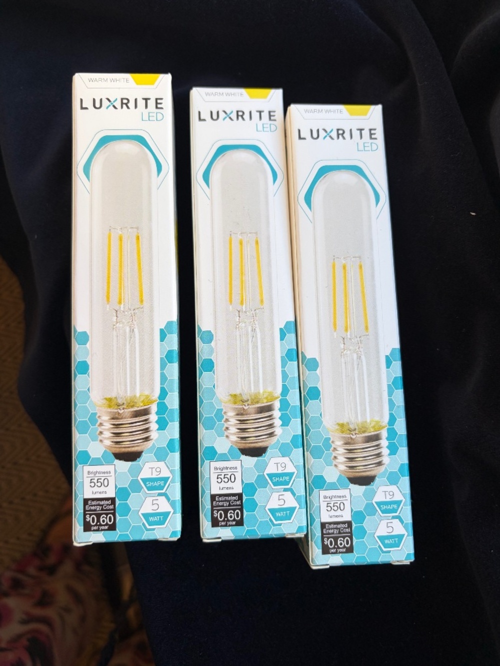 Three LED T9 shape light bulbs, brand new, 2700 K Colour,